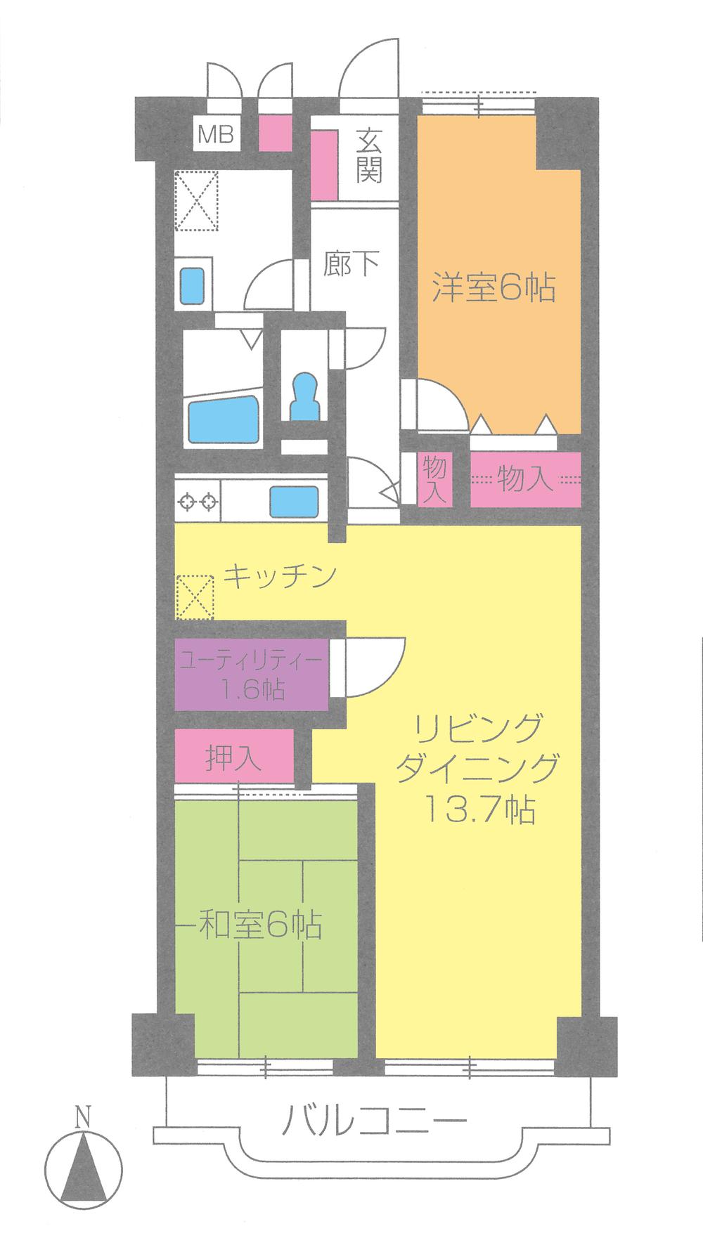 Floor plan. 2LDK, Price 14,490,000 yen, Occupied area 69.44 sq m , Balcony area 6.4 sq m floor plan