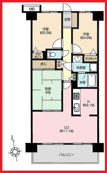 Floor plan. 3LDK, Price 15.9 million yen, Occupied area 65.55 sq m , Balcony area 9.1 sq m