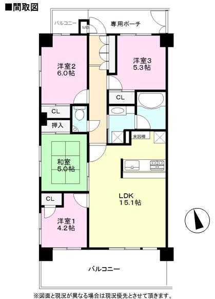 Floor plan. 4LDK, Price 32,800,000 yen, Occupied area 76.83 sq m , Balcony area 15.59 sq m