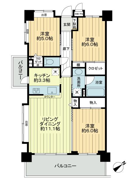 Floor plan. 3LDK, Price 27,800,000 yen, Footprint 69.3 sq m , Balcony area 14.34 sq m