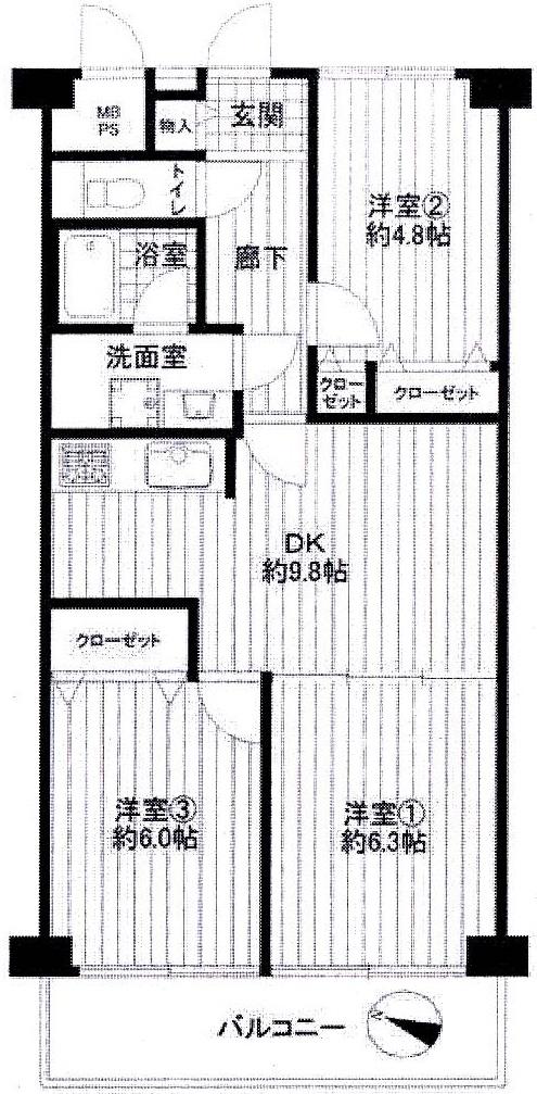 Floor plan. 3DK, Price 16.8 million yen, Footprint 61.6 sq m , Balcony area 6.72 sq m floor plan
