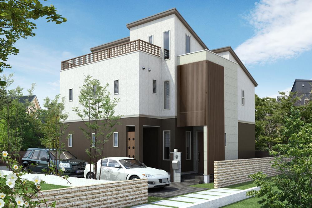 Rendering (appearance). Simple modern house nestled in a quiet residential area. The drawing room 6 Pledge + atrium following the 22 quires of LDK, It creates a dynamic space. Rendering (it is not included in the sale price outside Kamao and vehicles, such as planting)