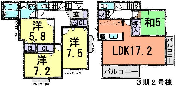 Floor plan. (3-2 Building), Price 34,800,000 yen, 4LDK, Land area 112.95 sq m , Building area 102.46 sq m
