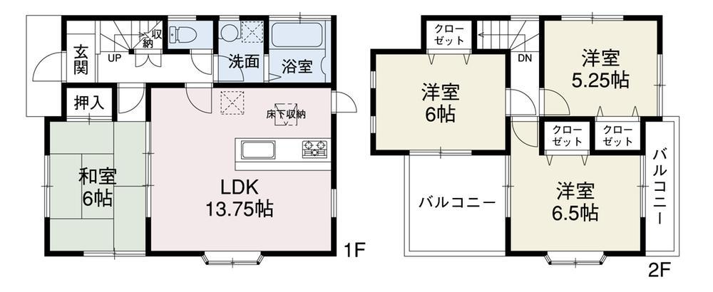 Floor plan. Easy-to-use 4LDK, Popular face-to-face kitchen to wife. Spacious design thinking your whole family of comfortable to live in two-sided balcony. 