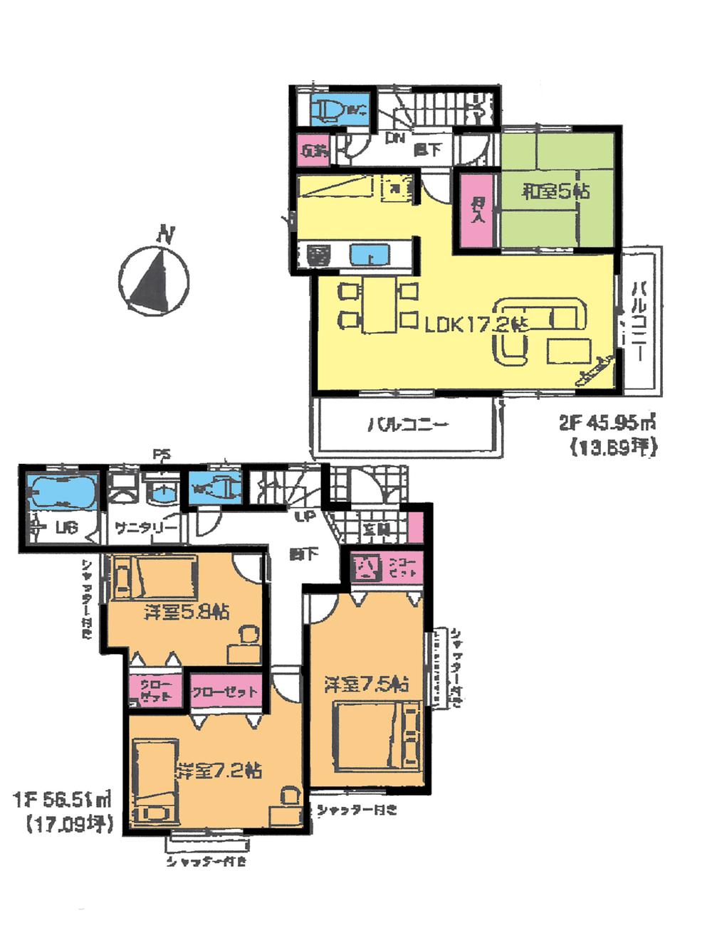Floor plan. (Building 2), Price 34,800,000 yen, 4LDK, Land area 112.95 sq m , Building area 102.46 sq m