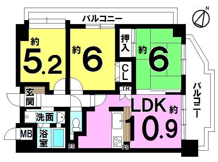 Floor plan. 3LDK, Price 17.8 million yen, Occupied area 60.74 sq m , Balcony area 15.73 sq m
