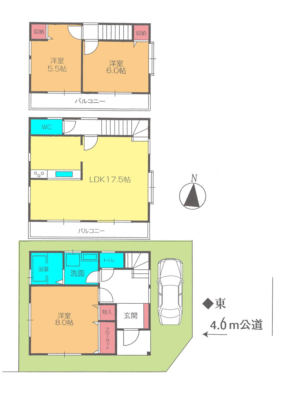 Building plan example (floor plan). Building plan example: newly built wooden three-story, Building price 14 million yen, Building area 90 sq m , 3LDK