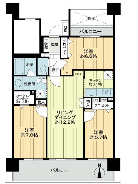 Floor plan. 3LDK, Price 20.8 million yen, Occupied area 73.93 sq m , Balcony area 16.8 sq m