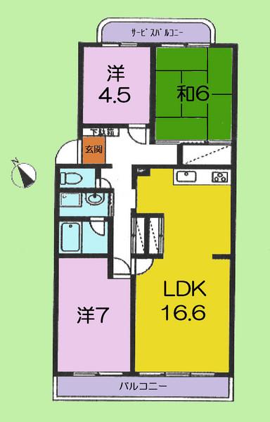 Floor plan. 3LDK, Price 12.8 million yen, Occupied area 76.38 sq m , Balcony area 11.79 sq m