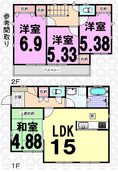 Building plan example (floor plan). Building plan example (No. 1 place) 4LDK, Land price 24,110,000 yen, Land area 100.02 sq m , Building price 12,690,000 yen, Building area 89.23 sq m
