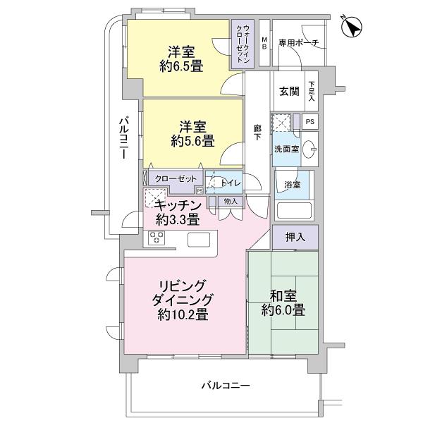 Floor plan. 3LDK, Price 19,800,000 yen, Occupied area 75.31 sq m , Balcony area 21.82 sq m southwest and northwest of the corner room. White is the flooring that was the keynote. Floor Heating Yes to the LD part.