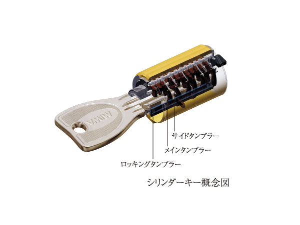 Security.  [Progressive cylinder key] And about 100 billion kinds of key pattern, Adopted replication is unlikely progressive cylinder key having a resistance picking performance. Operation is also easy because reversible type.