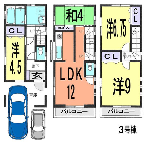 Floor plan. (3 Building), Price 33,500,000 yen, 4LDK, Land area 55.21 sq m , Building area 91.08 sq m