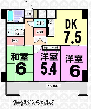Floor plan. 3DK, Price 10.8 million yen, Occupied area 56.69 sq m , Balcony area 9.07 sq m