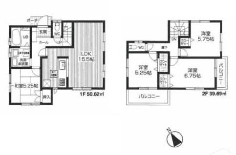 Floor plan. (1 Building), Price 36,300,000 yen, 4LDK, Land area 113.69 sq m , Building area 90.31 sq m
