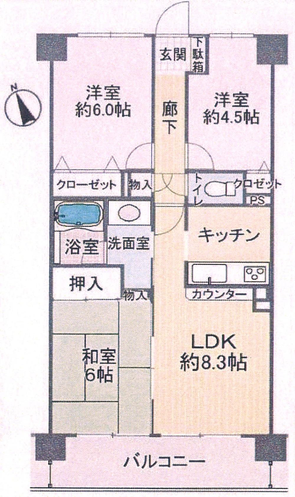 Floor plan. 3LK, Price 20.8 million yen, Occupied area 61.48 sq m , Balcony area 8.56 sq m