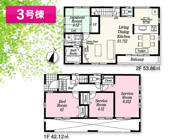 Floor plan. (3 Building), Price 30,800,000 yen, 2LDK+2S, Land area 120.9 sq m , Building area 95.98 sq m