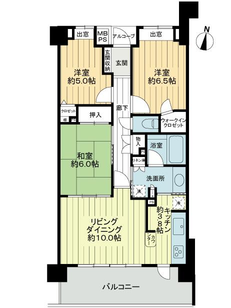 Floor plan. 3LDK, Price 27,800,000 yen, Footprint 72.5 sq m , Bright and airy living room, which was adopted balcony area 13.7 sq m width about 3.2m wide sash ・ dining