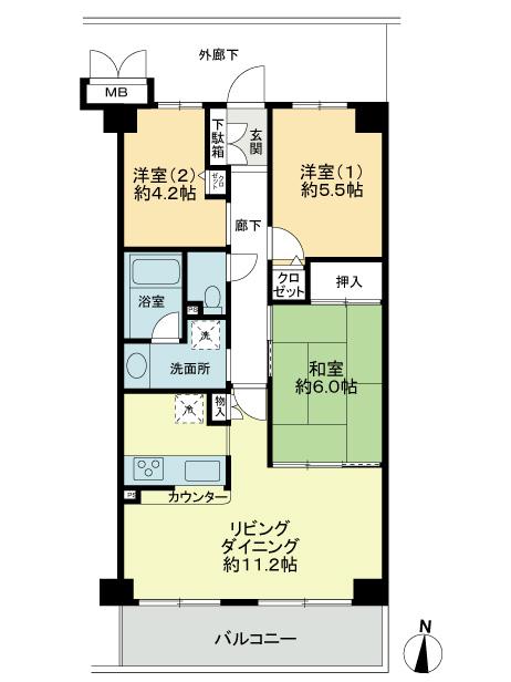 Floor plan. 3LDK, Price 13.8 million yen, Occupied area 66.49 sq m , Balcony area 8.54 sq m