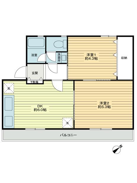 Floor plan. 2DK, Price 6.8 million yen, Occupied area 33.61 sq m , Balcony area 2.7 sq m