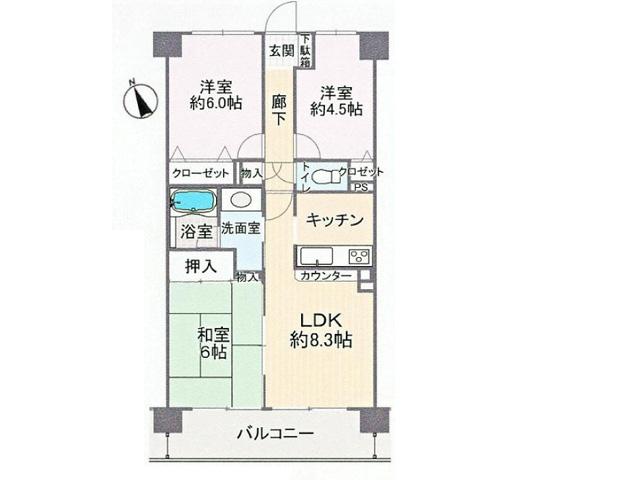 Floor plan. 3LDK, Price 20.8 million yen, Occupied area 61.48 sq m , Balcony area 8.56 sq m