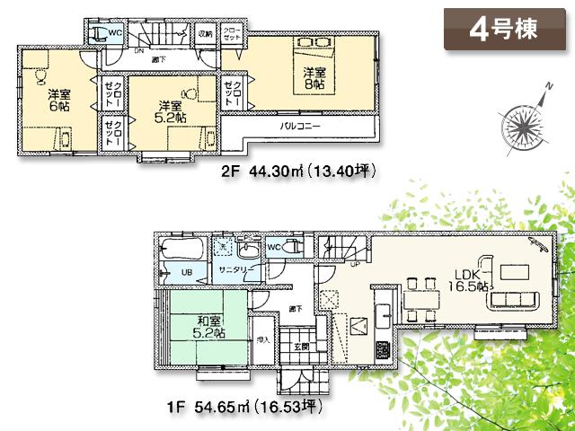 Floor plan. (4 Building), Price 32,800,000 yen, 4LDK, Land area 105.42 sq m , Building area 98.95 sq m