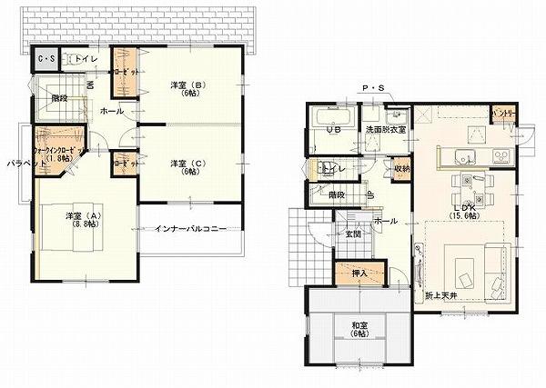 Floor plan. 23.8 million yen, 4LDK, Land area 146.66 sq m , From smile conversation of building area 105.98 sq m family. It is designed considering the raw activity lines as Fureaeru nature and family / 1 Building floor plan
