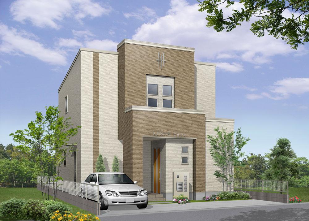 Rendering (appearance). Housing employer criteria house clearing the more than 100% energy saving achievement rate in the (top runner standard). (Window glass all rooms pair glass, kitchen ・ Bathroom with shower water-saving type, Fluorescent lighting, Such as the use of small-diameter piping) / 1 Building Rendering