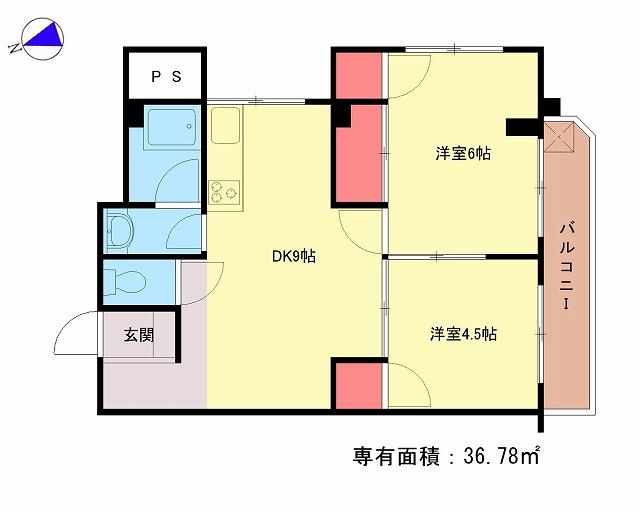 Floor plan. 2DK, Price 5.5 million yen, Occupied area 36.78 sq m , Balcony area 4.5 sq m