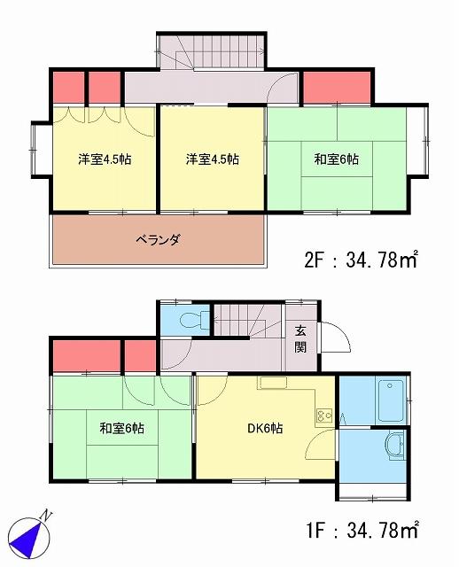 Floor plan. 7,401,000 yen, 4DK, Land area 92 sq m , Building area 69.56 sq m
