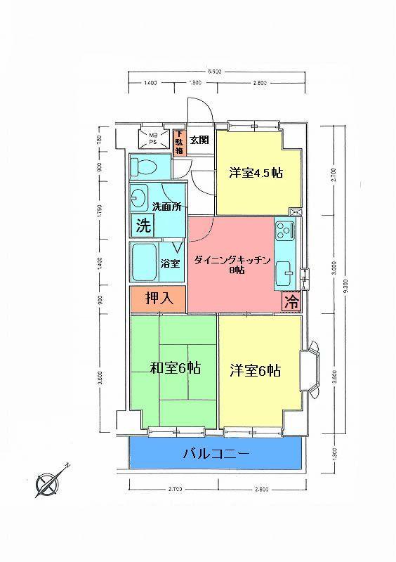 Floor plan. 3DK, Price 7.5 million yen, Occupied area 47.45 sq m , Balcony area 7.08 sq m