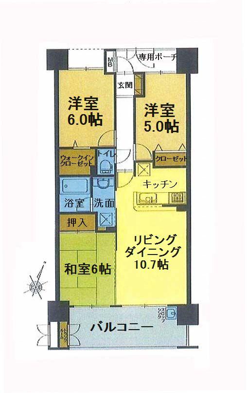 Floor plan. 3LDK, Price 15.9 million yen, Footprint 66.8 sq m , Balcony area 10.96 sq m