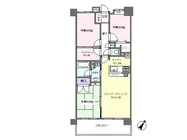 Floor plan. 3LDK, Price 15.8 million yen, Occupied area 72.85 sq m , Balcony area 12.4 sq m
