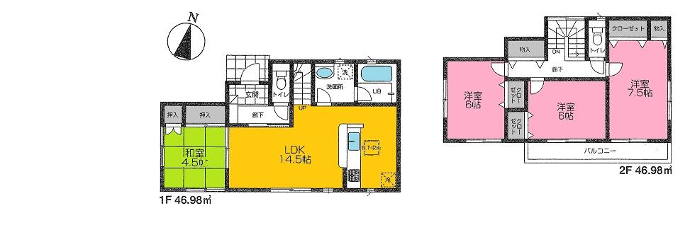 Floor plan. Price 21,800,000 yen, 4LDK, Land area 173.37 sq m , Building area 93.96 sq m