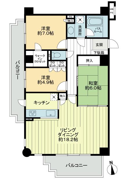 Floor plan. 3LDK, Price 12 million yen, Occupied area 89.28 sq m , Balcony area 18.91 sq m