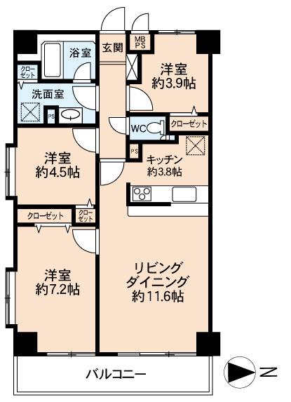 Floor plan. 3LDK, Price 7.5 million yen, Occupied area 68.04 sq m , Balcony area 8.19 sq m