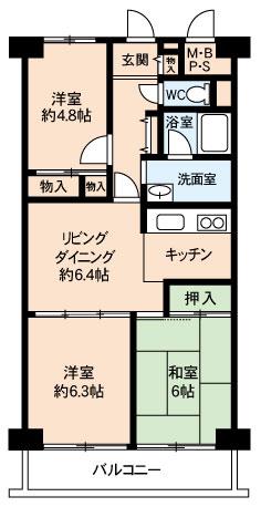 Floor plan. 3DK, Price 3.48 million yen, Occupied area 58.07 sq m , Balcony area 6.72 sq m