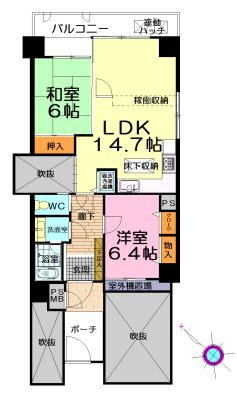 Floor plan. 2LDK, Price 10.8 million yen, Occupied area 64.75 sq m , Balcony area 9.56 sq m