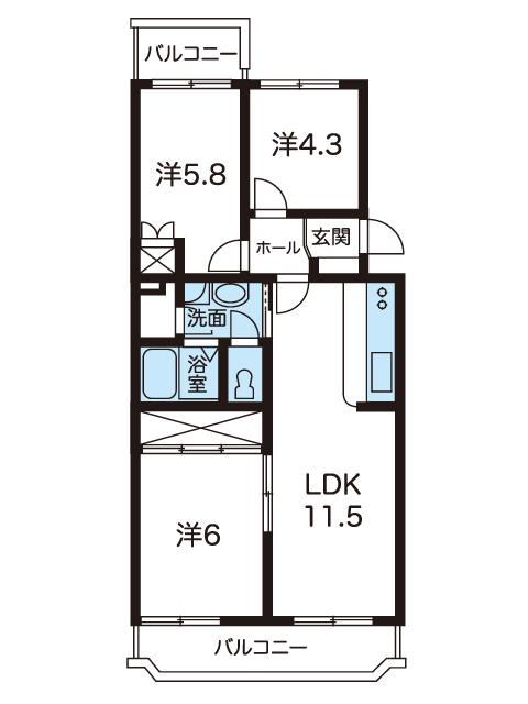 Floor plan. 3LDK, Price 6.8 million yen, Footprint 62.5 sq m , Balcony area 9.35 sq m