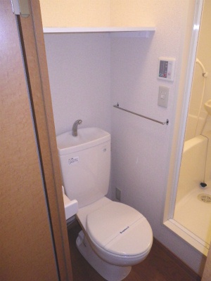 Toilet. Very convenient was also towel rail with shelf! 