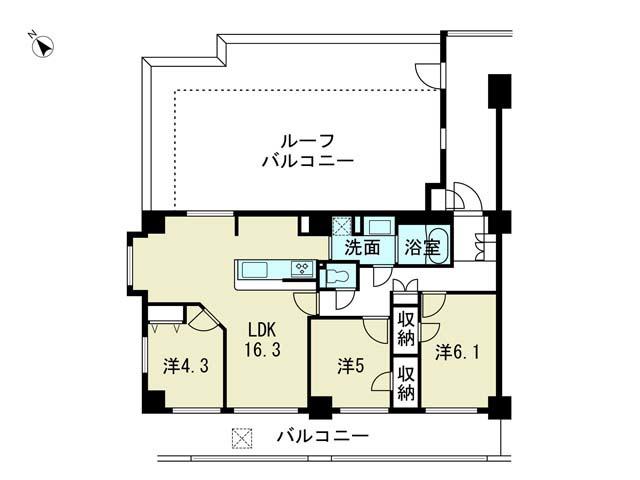 Floor plan. 3LDK, Price 24 million yen, Footprint 74.1 sq m , Balcony area 17.8 sq m spacious LDK 16.3 Pledge. Roof balcony continue living room there is a feeling of opening.