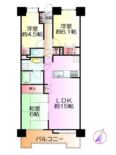 Floor plan. 3LDK, Price 11.8 million yen, Occupied area 69.06 sq m , Balcony area 9.26 sq m