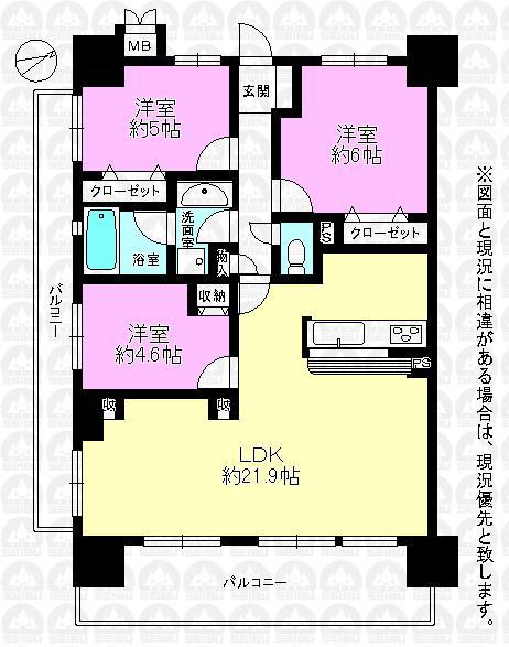 Floor plan. 3LDK, Price 21,800,000 yen, Occupied area 78.21 sq m , Balcony area 23.02 sq m