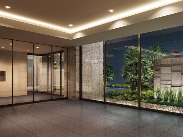 Buildings and facilities. Entrance to color of the four seasons has arranged a pleasant approach, Provided on the Ichikaku close from the station, Ensure a smooth flow line. It is to crank the flow line, It was also considered to privacy and crime prevention. (Entrance Hall Rendering)