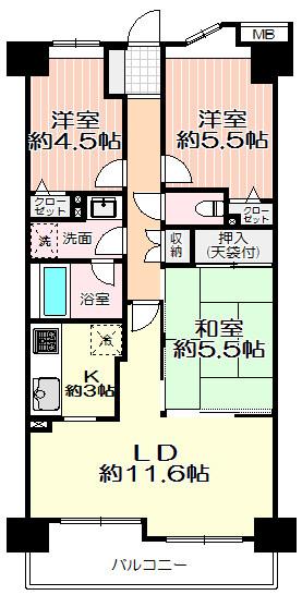 Floor plan. 3LDK, Price 16.8 million yen, Footprint 66.1 sq m , Balcony area 7.88 sq m