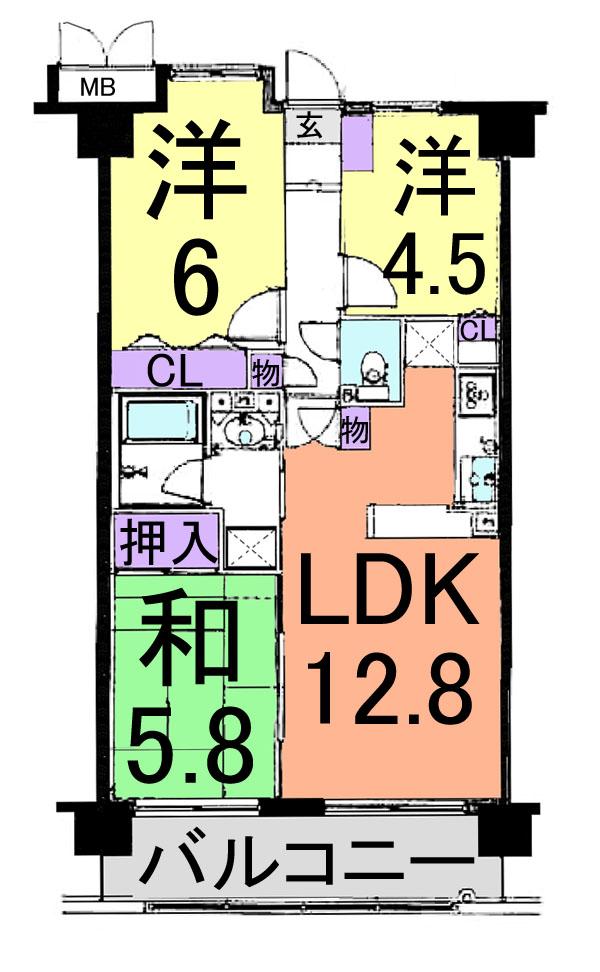 Floor plan. 3LDK, Price 18,800,000 yen, Footprint 63 sq m , Balcony area 9 sq m
