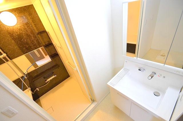 Wash basin, toilet. ~ Washroom ~