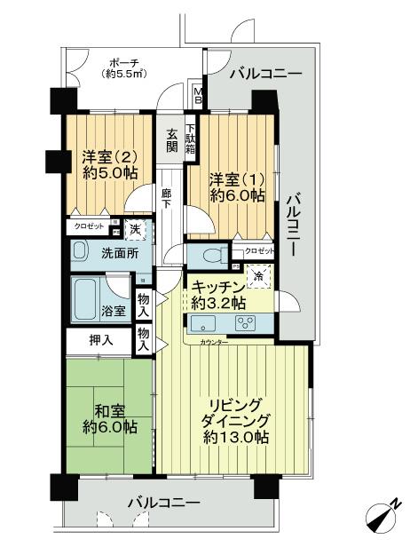 Floor plan. 3LDK, Price 16.3 million yen, Occupied area 72.67 sq m , Balcony area 24.3 sq m