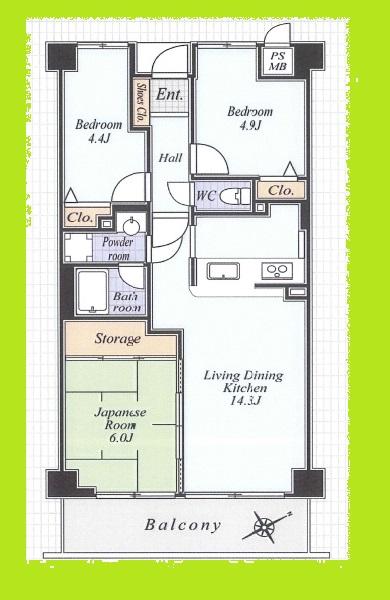 Floor plan. 3LDK, Price 13,980,000 yen, Occupied area 62.41 sq m , Balcony area 8.4 sq m   ☆ Also take a family during the happy communication time of housework in the face-to-face kitchen.  ☆ Living is your family everyone is able to relax in a wide space of a total of 20 quires between Japanese and continue.  ☆ The top floor of view is obtained a temporary peace.