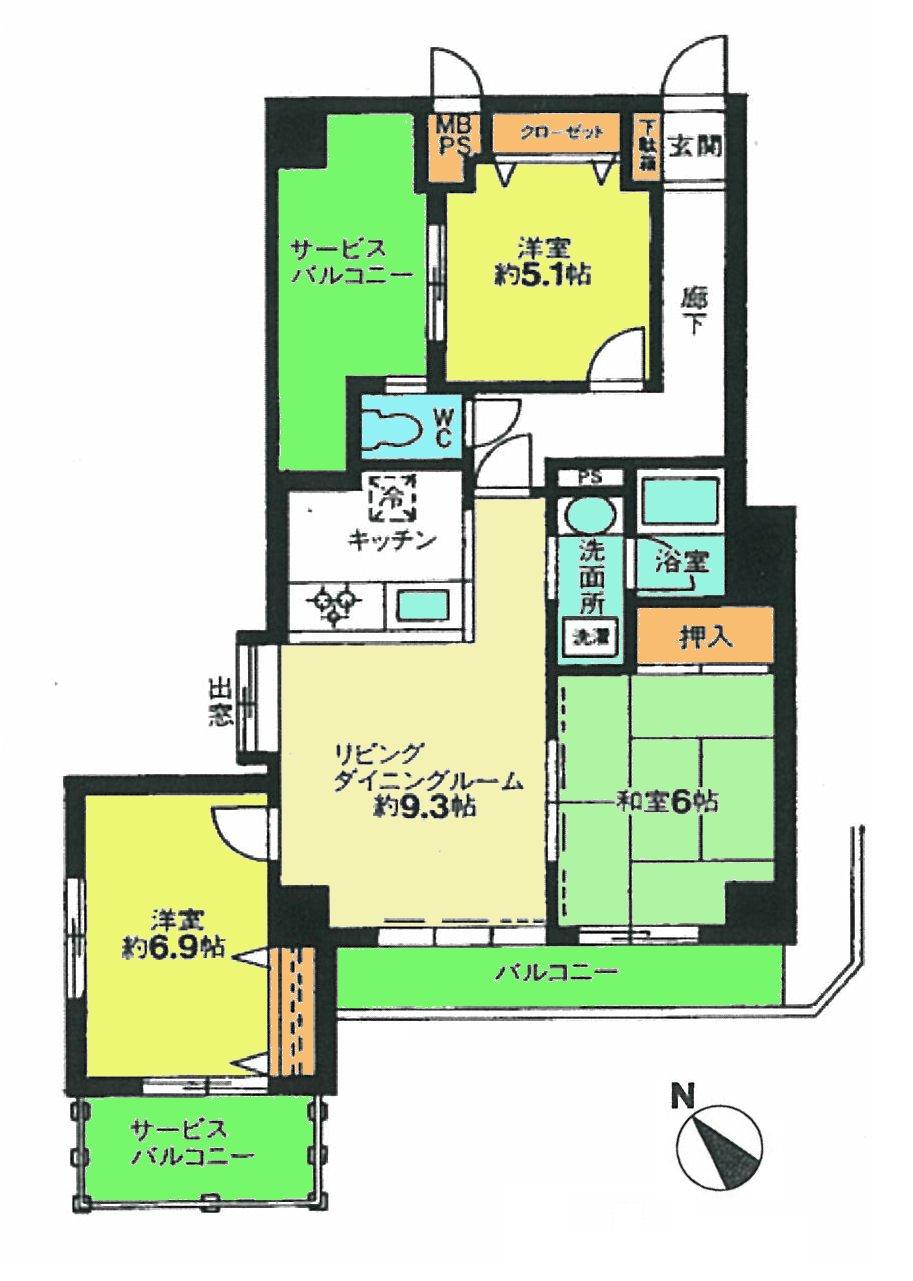 Floor plan. 3LDK, Price 9.8 million yen, Occupied area 68.19 sq m , Balcony area 18.81 sq m top floor of the southeast angle room